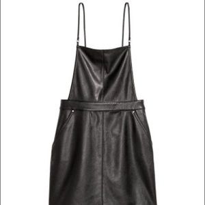 Black leather bib overall dress